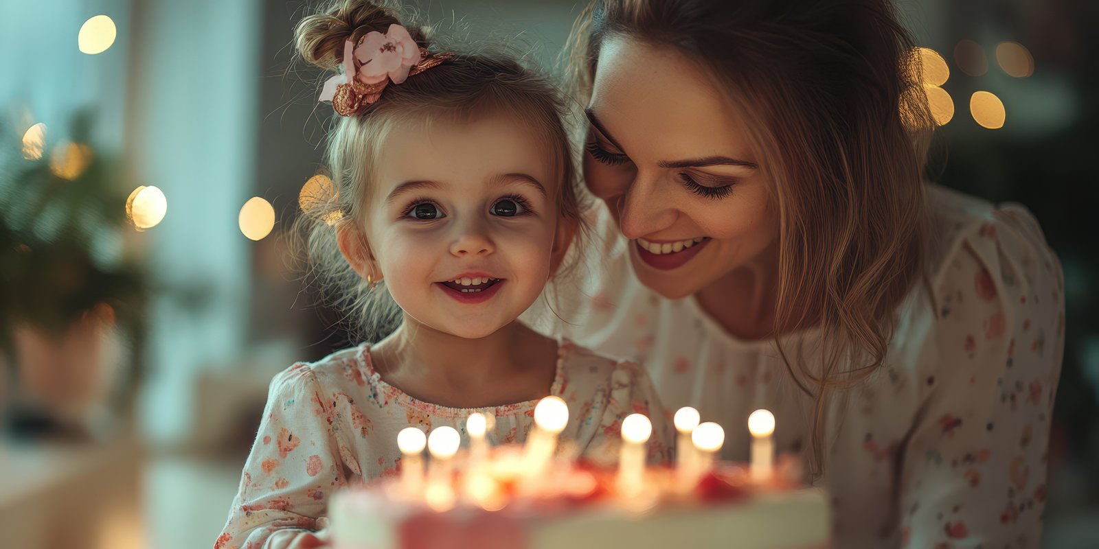 Celebrating a joyful birthday with mother and daughter in a cozy, warmly lit room decorated with candles